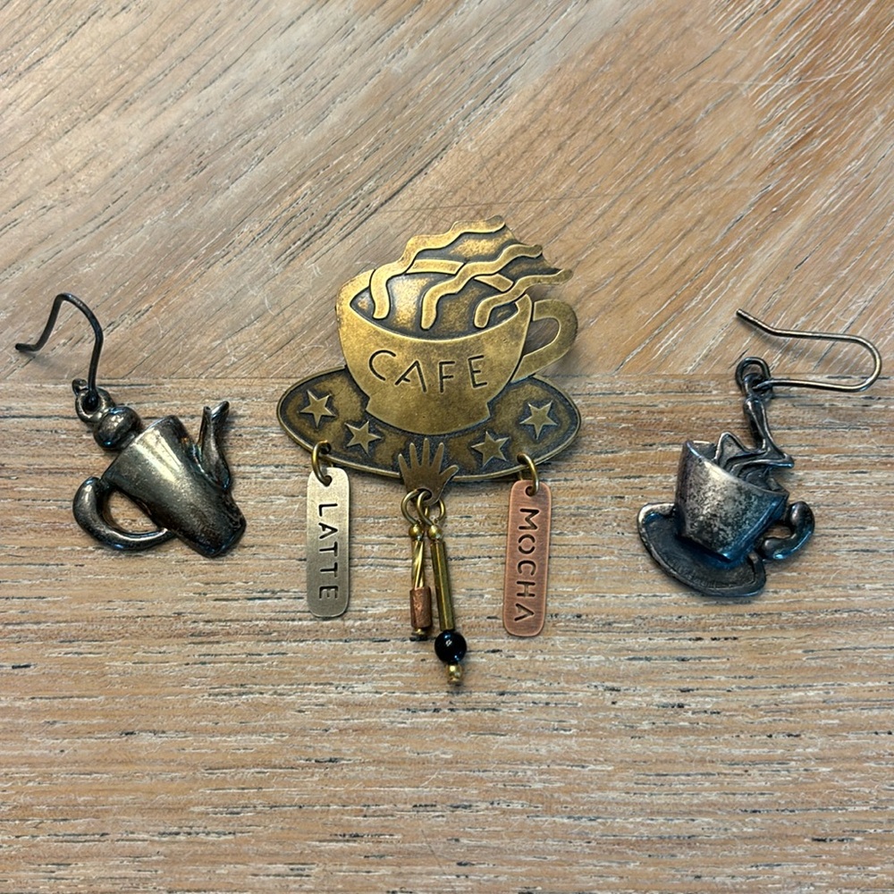 Vintage Cafe coffee broche and 925 silver cup and pot earrings